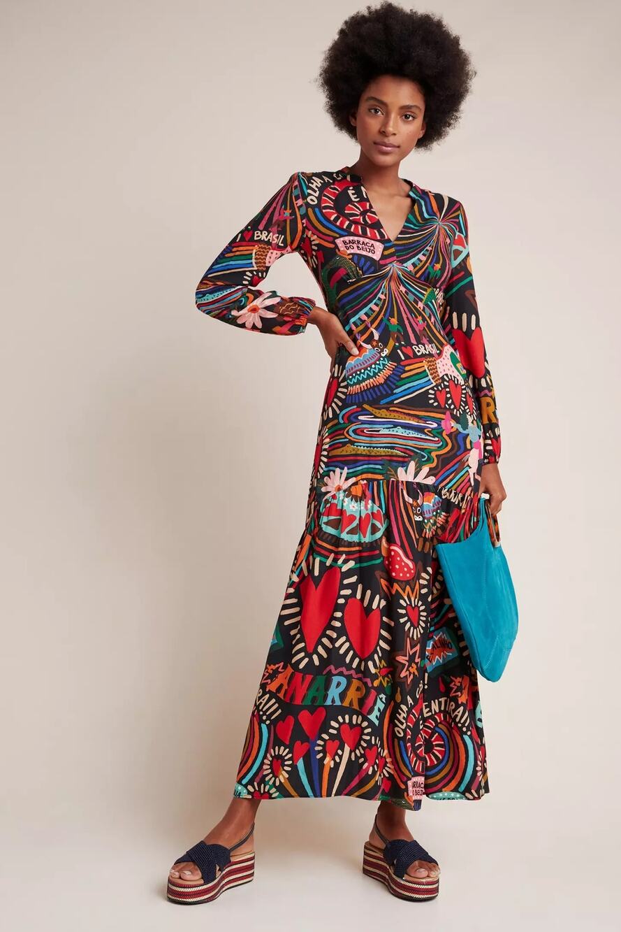 Farm Rio Anthropologie Baleares Long Sleeve Maxi Dress XS Brazil Vibrant Print
